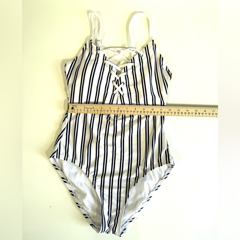 Nautica White with Navy Stripes Mio Laced Front One Piece Swimsuit - Picture 13 of 14